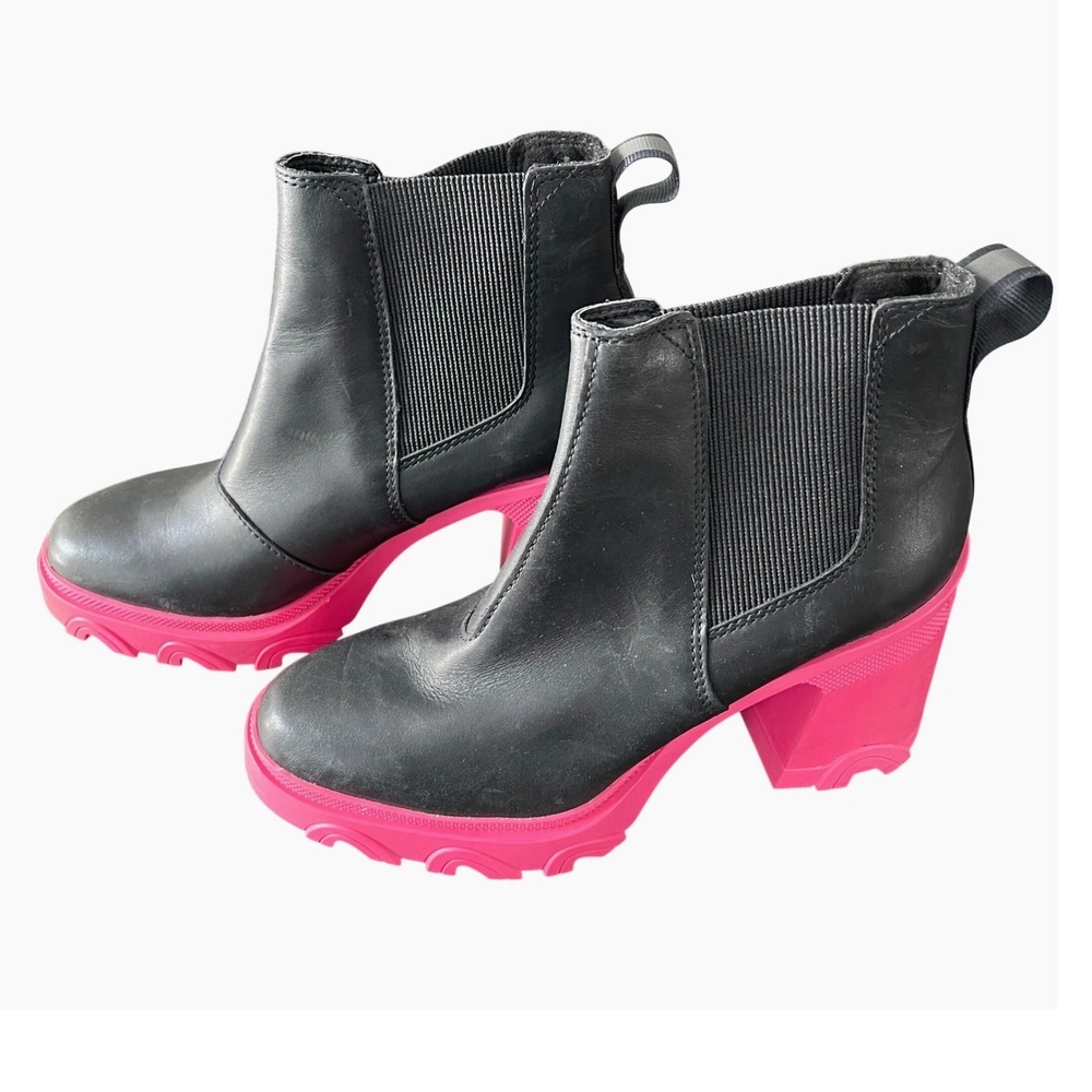 SOREL Brex Black Leather Pink Chunky Heel Chelsea Boots Women's‎ Size 7